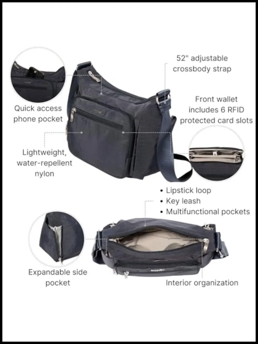 Nylon Hobo Crossbody with RFID Protection and Multiple Pockets